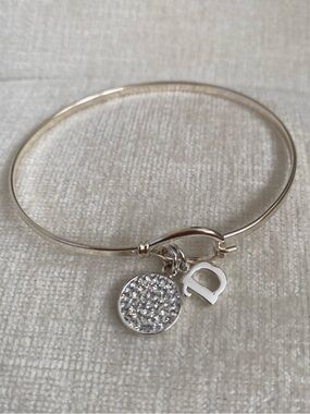 Silver Tone Initial 'D' Crystal Charm Bangle Bracelet